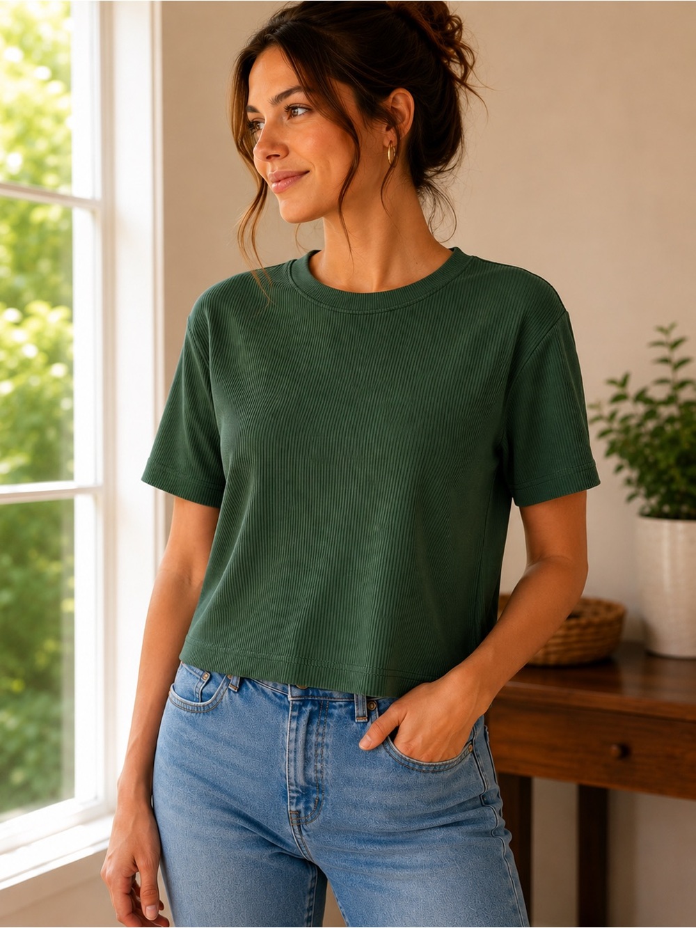 American Eagle Outfitters Ribbed Short Sleeve Tee - Green